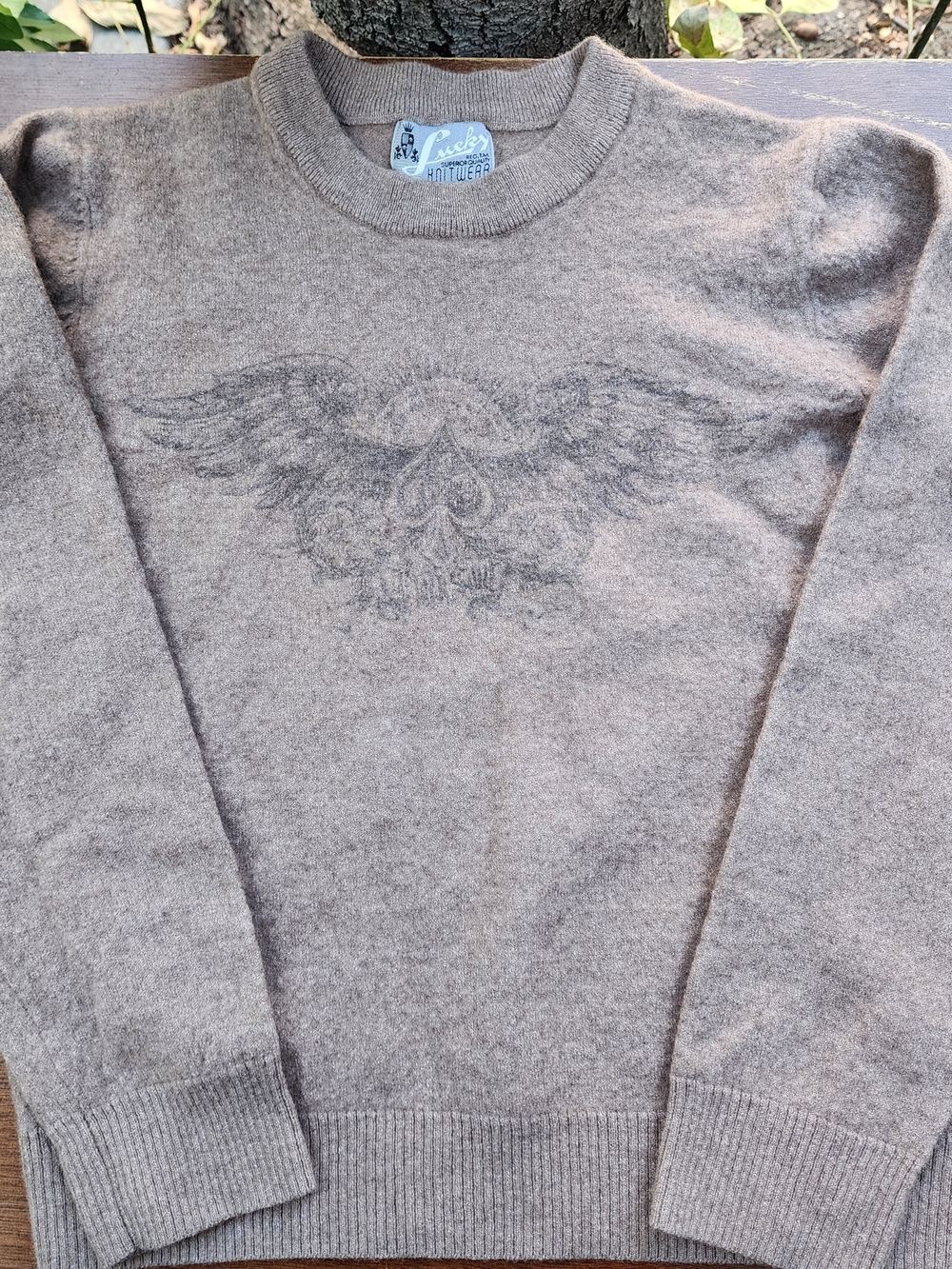 Lucky Brand Vintage Wool Blend Sweater Wings Heart Graphic Oatmeal Size M